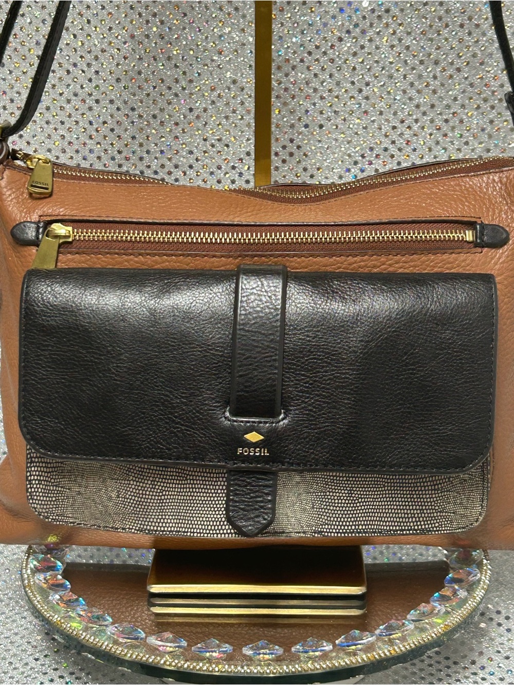 Fossil Two-Tone Brown and Black Messenger Crossbody Bag Approx. 13 x 9 x 2